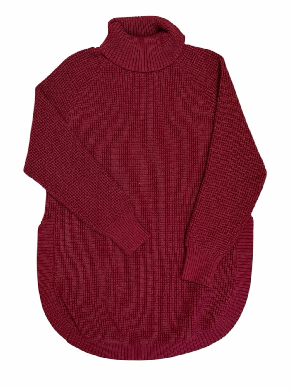 KIRUNDO Burgundy Waffle Knit Turtleneck Sweater with Curved Hem